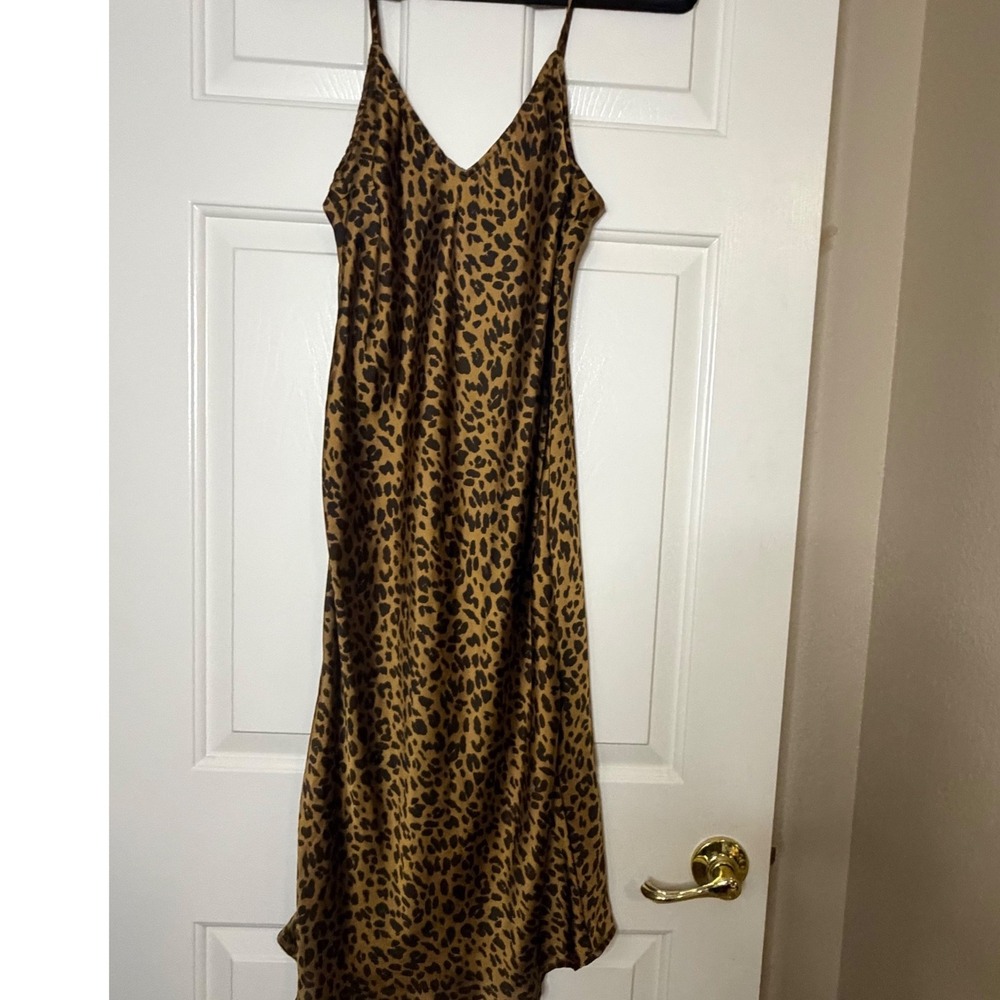 A New Day Leopard Print Satin Midi Slip Dress Cowl Neck Brown XS